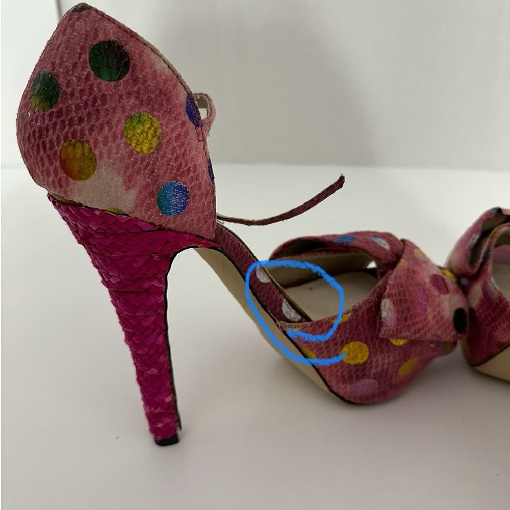 Dolce by Mojo Moxy Pink Polka Dot Snakeskin Bow Heels Y2K Size 7.5M SEE NOTE - Thumbnail 2