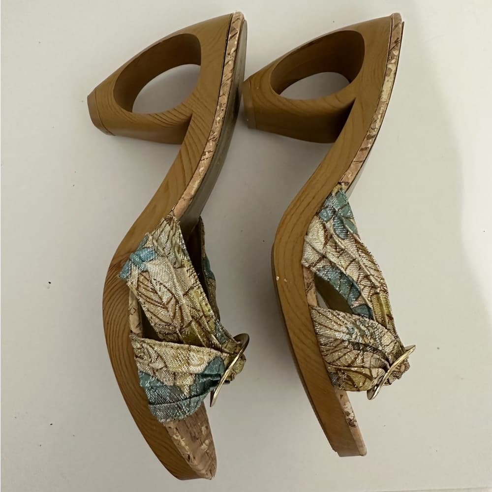 Petals Bling Jacquard Cork-Look Platform Mules Gold Ring Y2K Size 7 - Thumbnail 6
