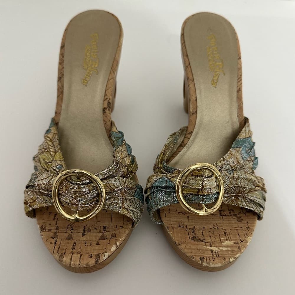 Petals Bling Jacquard Cork-Look Platform Mules Gold Ring Y2K Size 7 - Thumbnail 2