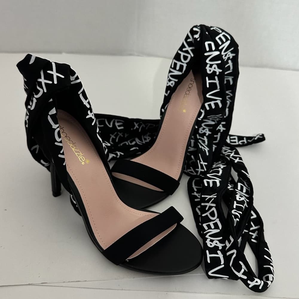 ShoeDazzle Erika Jayne XXPEN$IVE Black Wrap Heeled Stilettos Shoes Size 8 - Thumbnail 8
