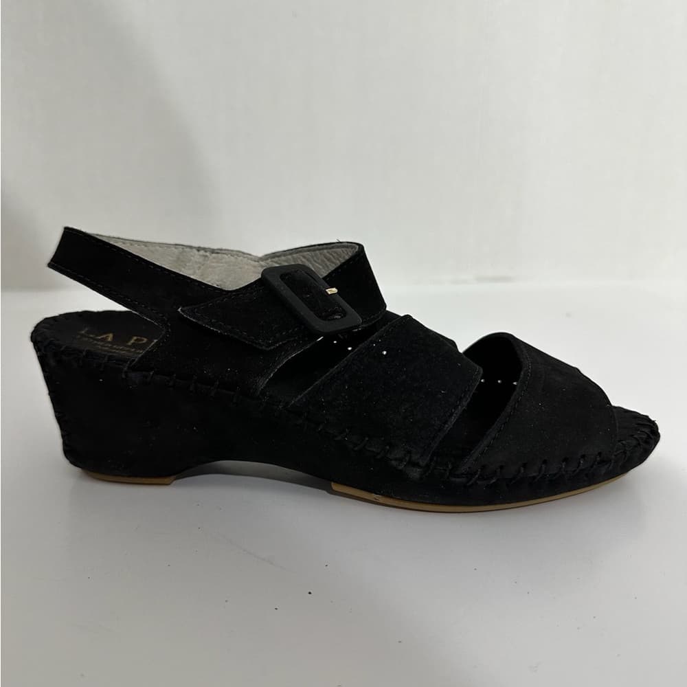 NEW Le Plume Italy Black Leather Strap Open Toe Wedge Sandals IT 37 (US 6.5-7) - Thumbnail 7