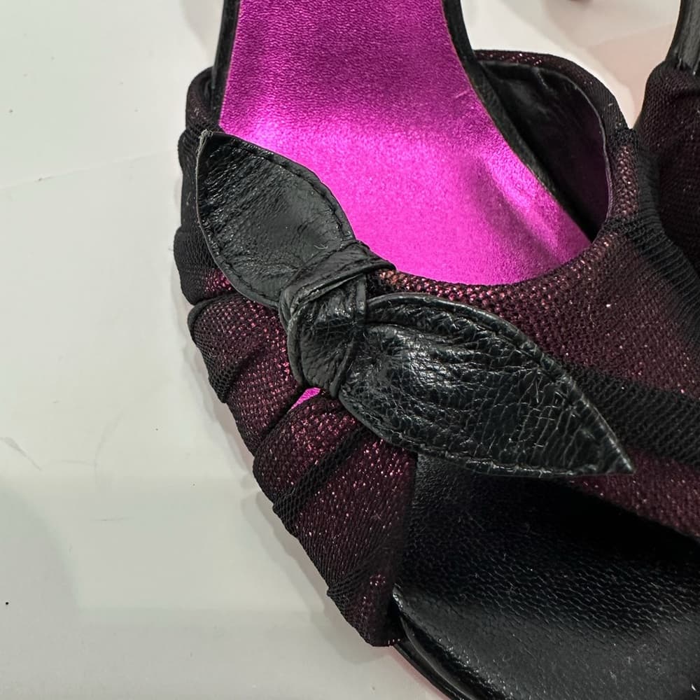 Betsey Johnson Fuchsia Pink Black Mesh Glitter Bow Heels Vintage Y2K Punk Size 8 - Thumbnail 4