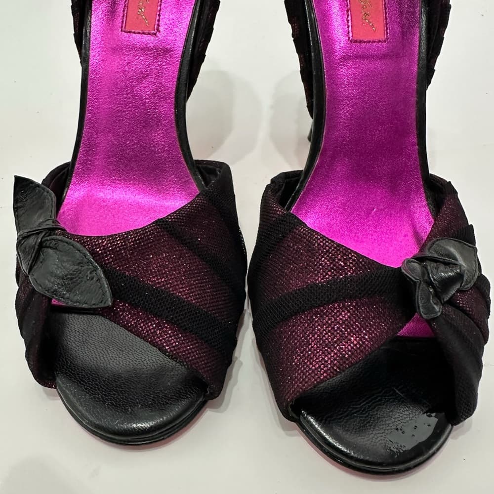 Betsey Johnson Fuchsia Pink Black Mesh Glitter Bow Heels Vintage Y2K Punk Size 8 - Thumbnail 5