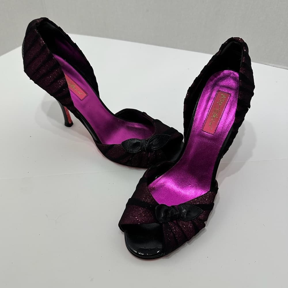Betsey Johnson Fuchsia Pink Black Mesh Glitter Bow Heels Vintage Y2K Punk Size 8 - Thumbnail 9