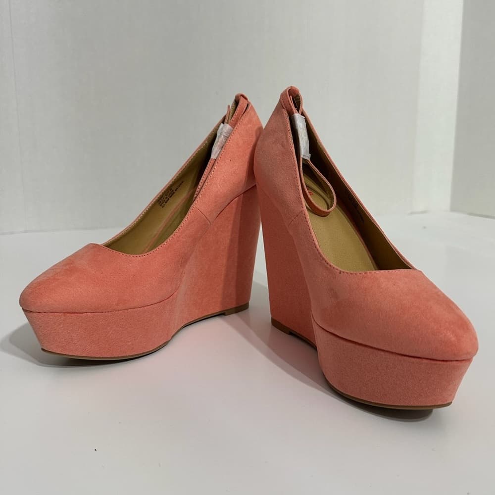 NIB JustFab Ceres Coral Suede Platform Wedge Heels Y2K Size 8.5 - Thumbnail 6