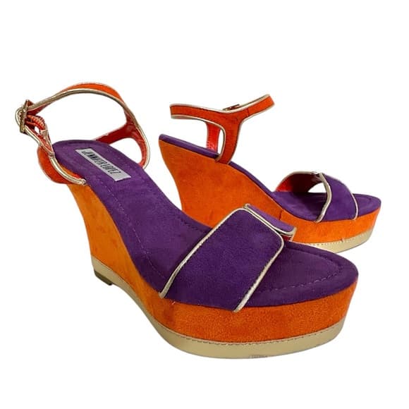 Jennifer Lopez Purple Orange Suede Platform Wedge Sandals Gold Trim Size 6.5 - Thumbnail 11