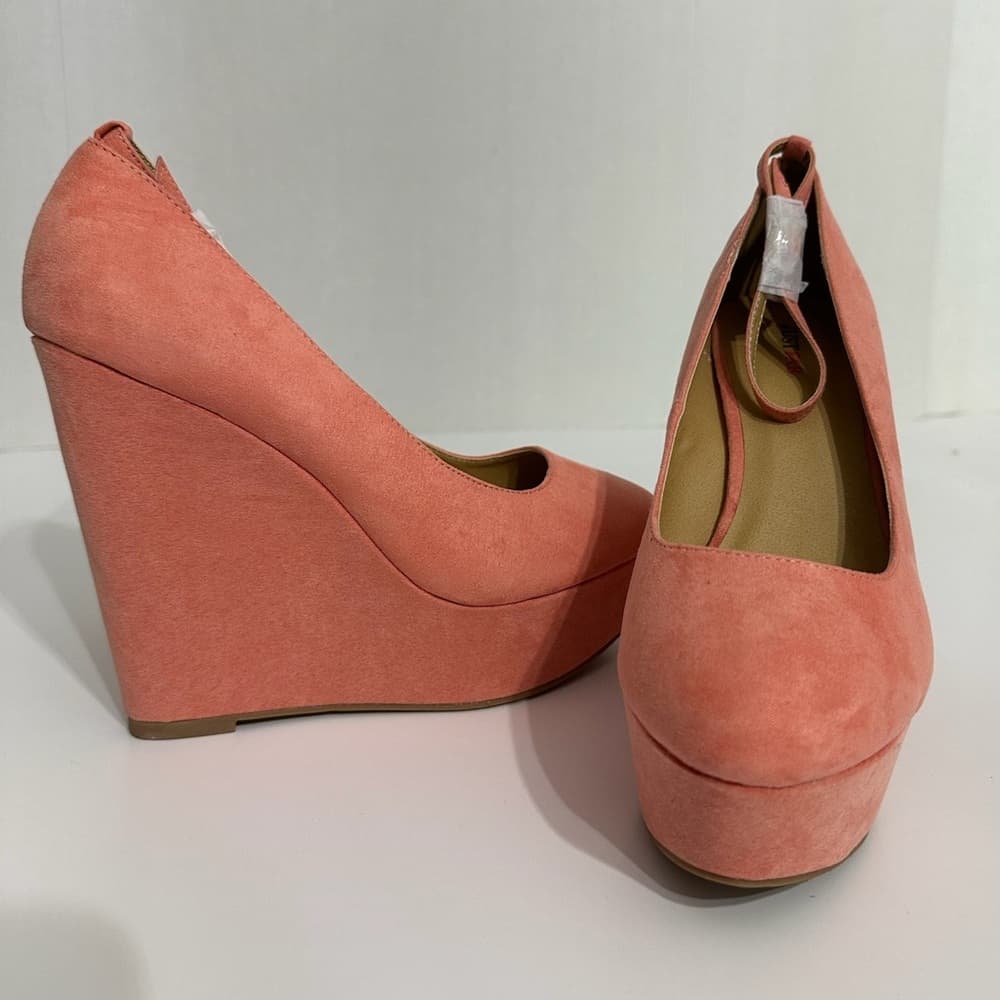 NIB JustFab Ceres Coral Suede Platform Wedge Heels Y2K Size 8.5 - Thumbnail 7