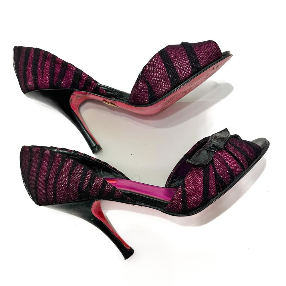 Betsey Johnson Fuchsia Pink Black Mesh Glitter Bow Heels Vintage Y2K Punk Size 8 - Thumbnail 3