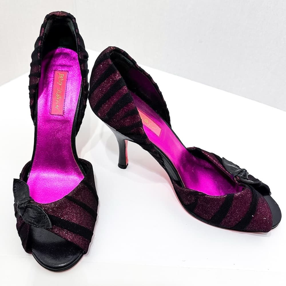 Betsey Johnson Fuchsia Pink Black Mesh Glitter Bow Heels Vintage Y2K Punk Size 8 - Thumbnail 2