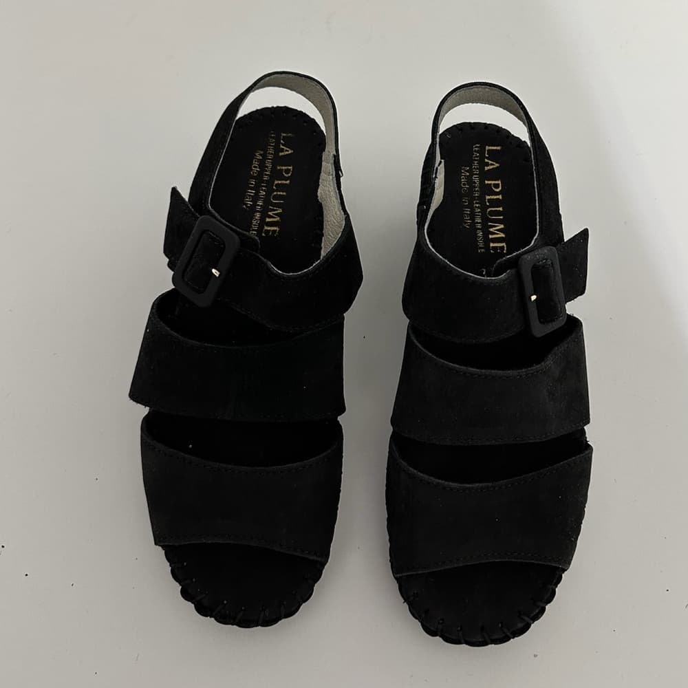 NEW Le Plume Italy Black Leather Strap Open Toe Wedge Sandals IT 37 (US 6.5-7) - Thumbnail 11