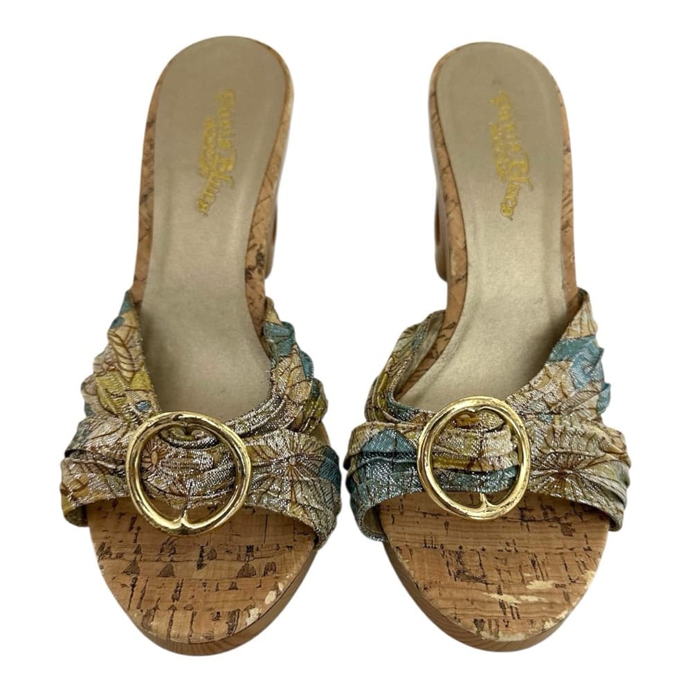 Petals Bling Jacquard Cork-Look Platform Mules Gold Ring Y2K Size 7 - Thumbnail 10