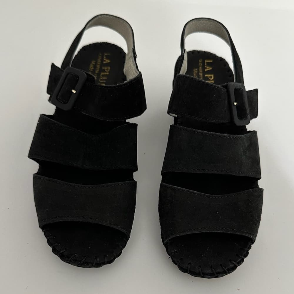 NEW Le Plume Italy Black Leather Strap Open Toe Wedge Sandals IT 37 (US 6.5-7) - Thumbnail 13