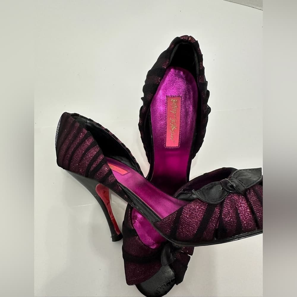 Betsey Johnson Fuchsia Pink Black Mesh Glitter Bow Heels Vintage Y2K Punk Size 8 - Thumbnail 13