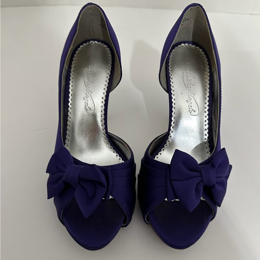 Michelangelo Maribelle Purple/Blue Satin Bow Peep Toe Heels Size 6M Bridal