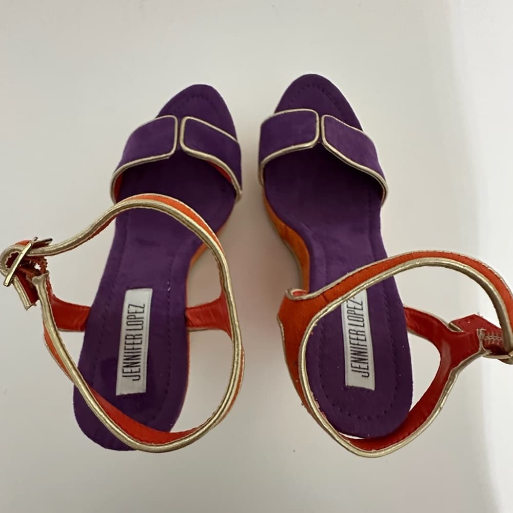 Jennifer Lopez Purple Orange Suede Platform Wedge Sandals Gold Trim Size 6.5 - Thumbnail 4
