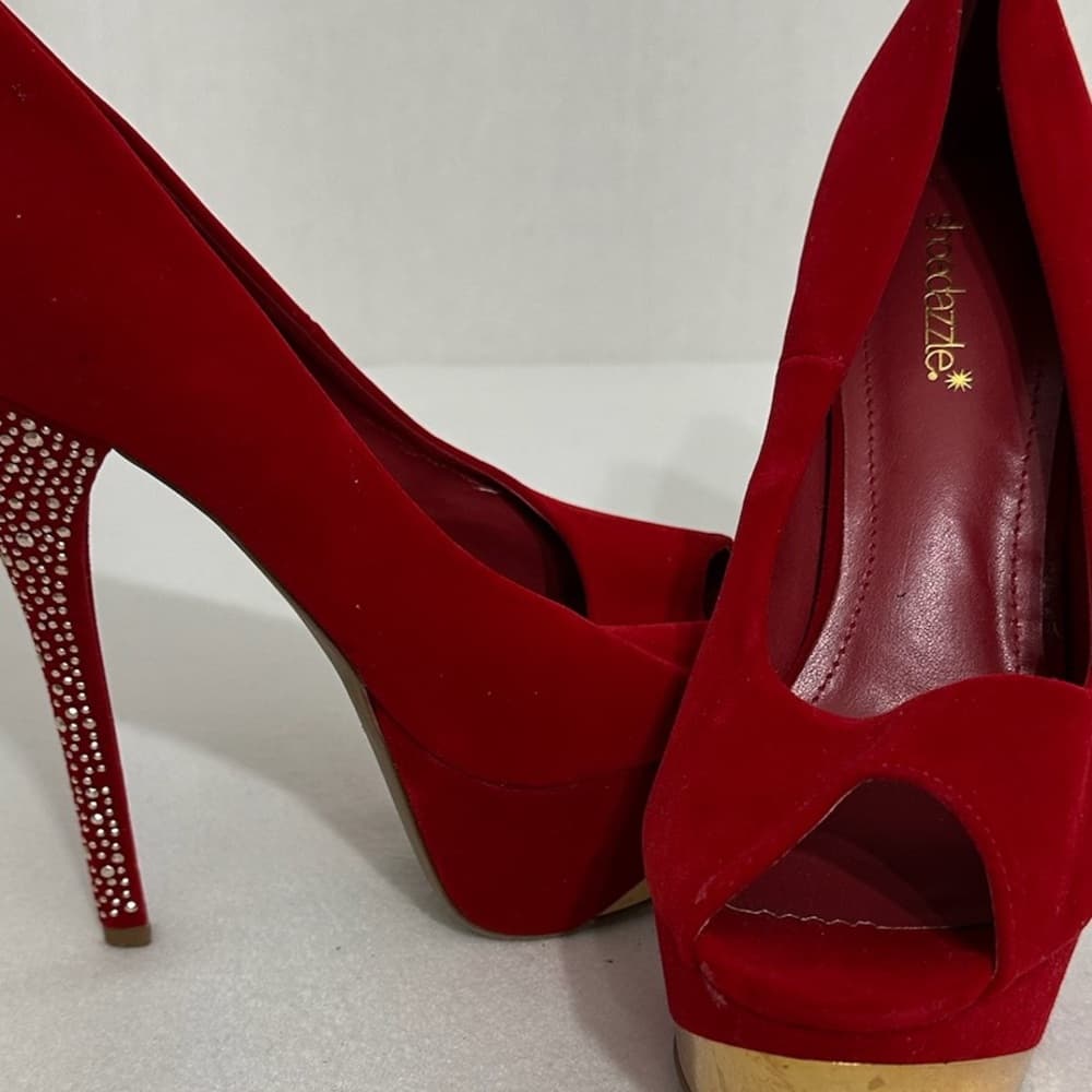 Shoedazzle Red Rhinestone Stiletto Platform Heels Size 9 Y2K Sparkle Glam Pumps - Thumbnail 2