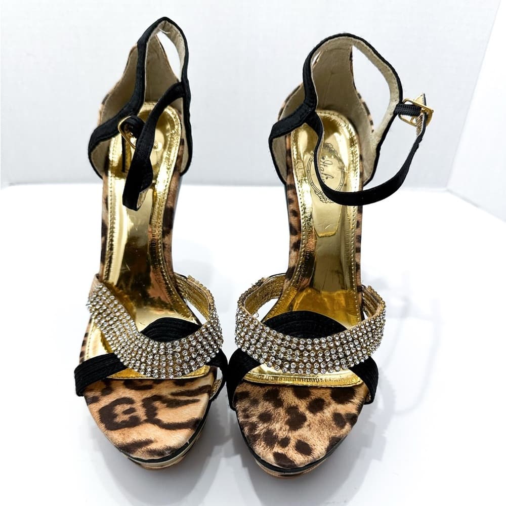 NEW Y2K Italina Leopard Print Rhinestone Platform Stiletto Heels Vintage 8.5 - Thumbnail 2