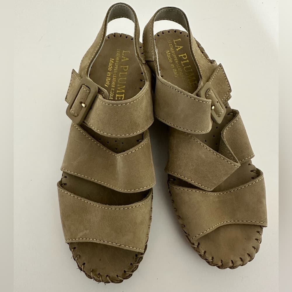NEW Le Plume Italy Tan Leather Strapped Open Toe Wedge Sandals IT 37 (US 6.5-7) - Thumbnail 9