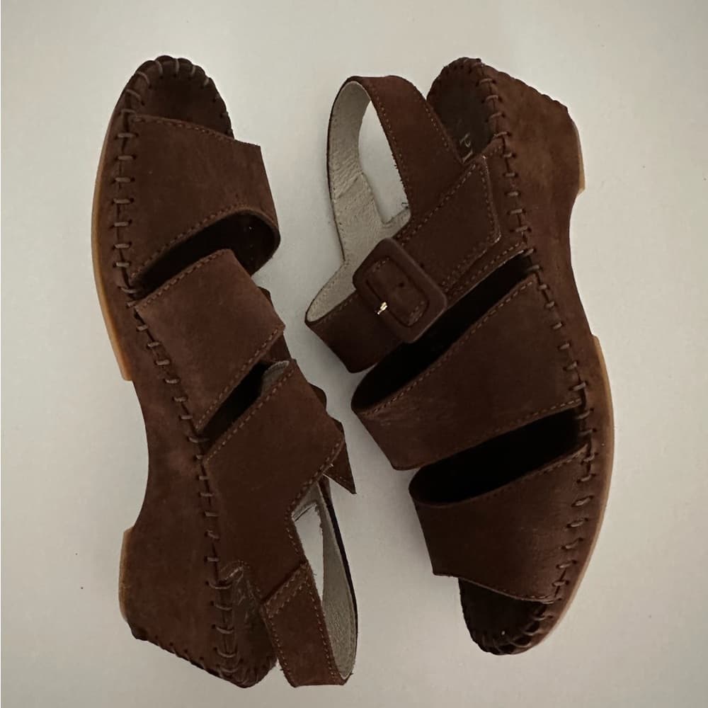 NEW Le Plume Italy Brown Leather Strap Open Toe Wedge Sandals IT 37 (US 6.5-7) - Thumbnail 4