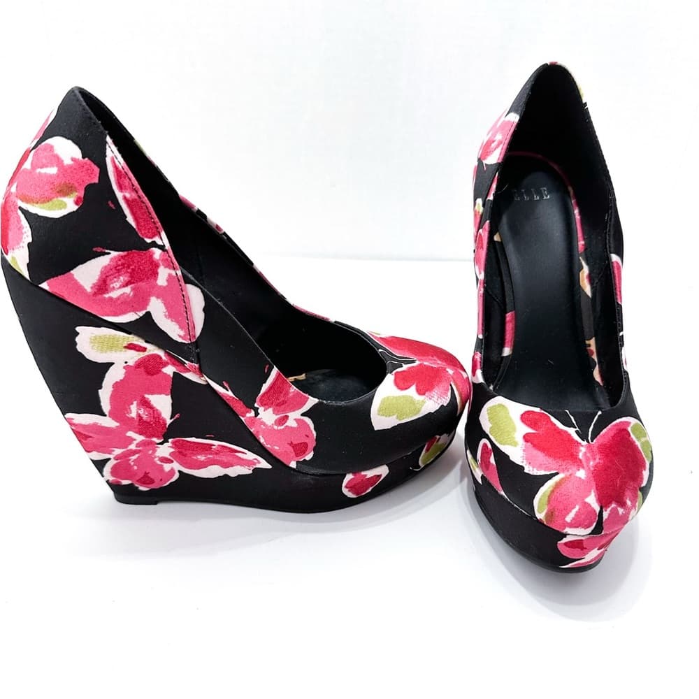 Elle “Jessica” Butterfly / Floral Black Pink Platform Y2K Wedge Heels - Size 8 - Thumbnail 4
