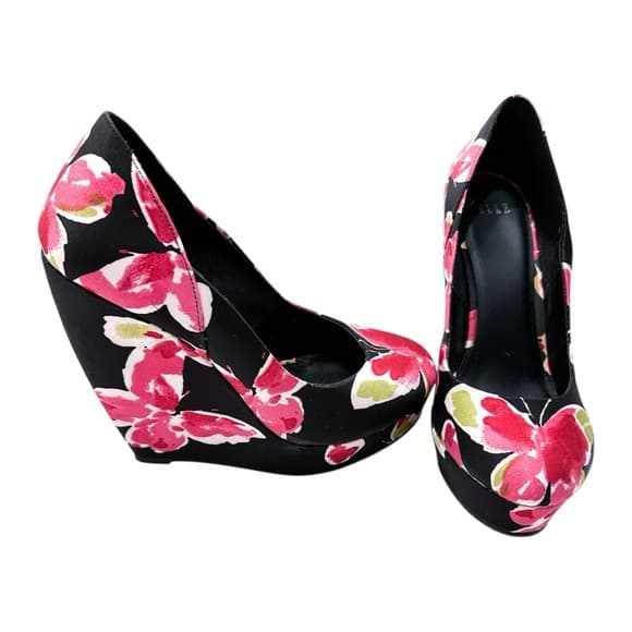 Elle “Jessica” Butterfly / Floral Black Pink Platform Y2K Wedge Heels - Size 8 - Thumbnail 10
