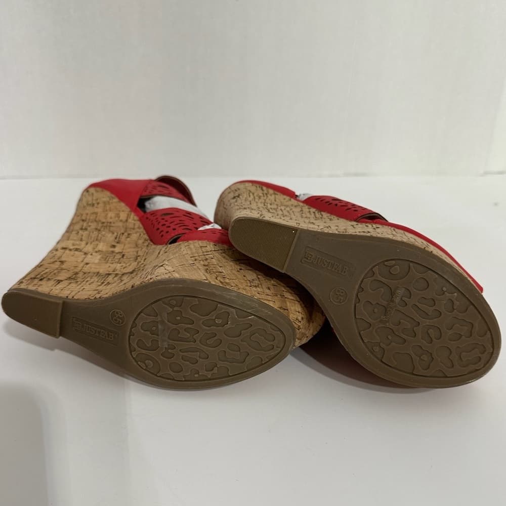 NIB JustFab Red Laser-Cut Cork Wedge Platform Sandals “Amalia” Size 8.5 - Thumbnail 3