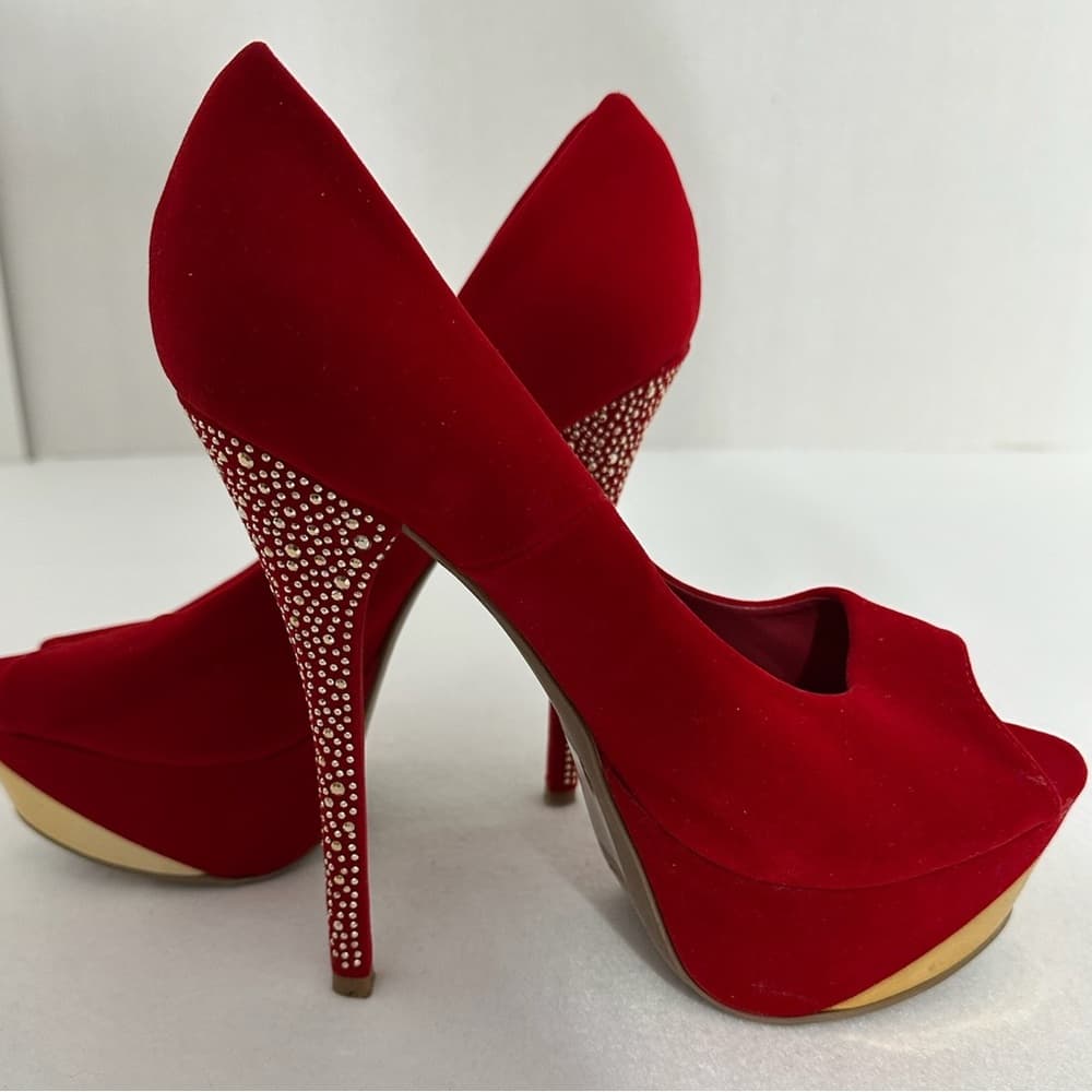 Shoedazzle Red Rhinestone Stiletto Platform Heels Size 9 Y2K Sparkle Glam Pumps - Thumbnail 11