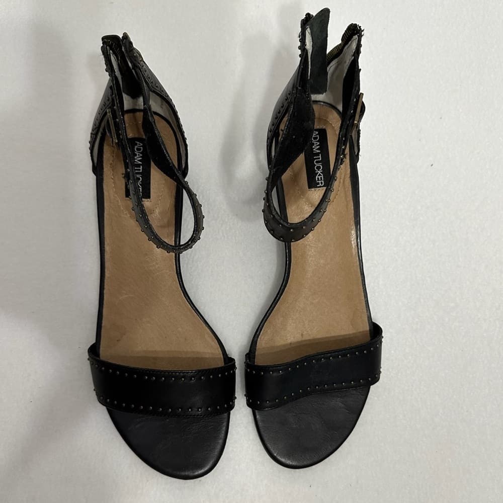 Adam Tucker Lexa Black Studded Leather Kitten Heel Ankle Strap Sandals Size 8 - Thumbnail 8