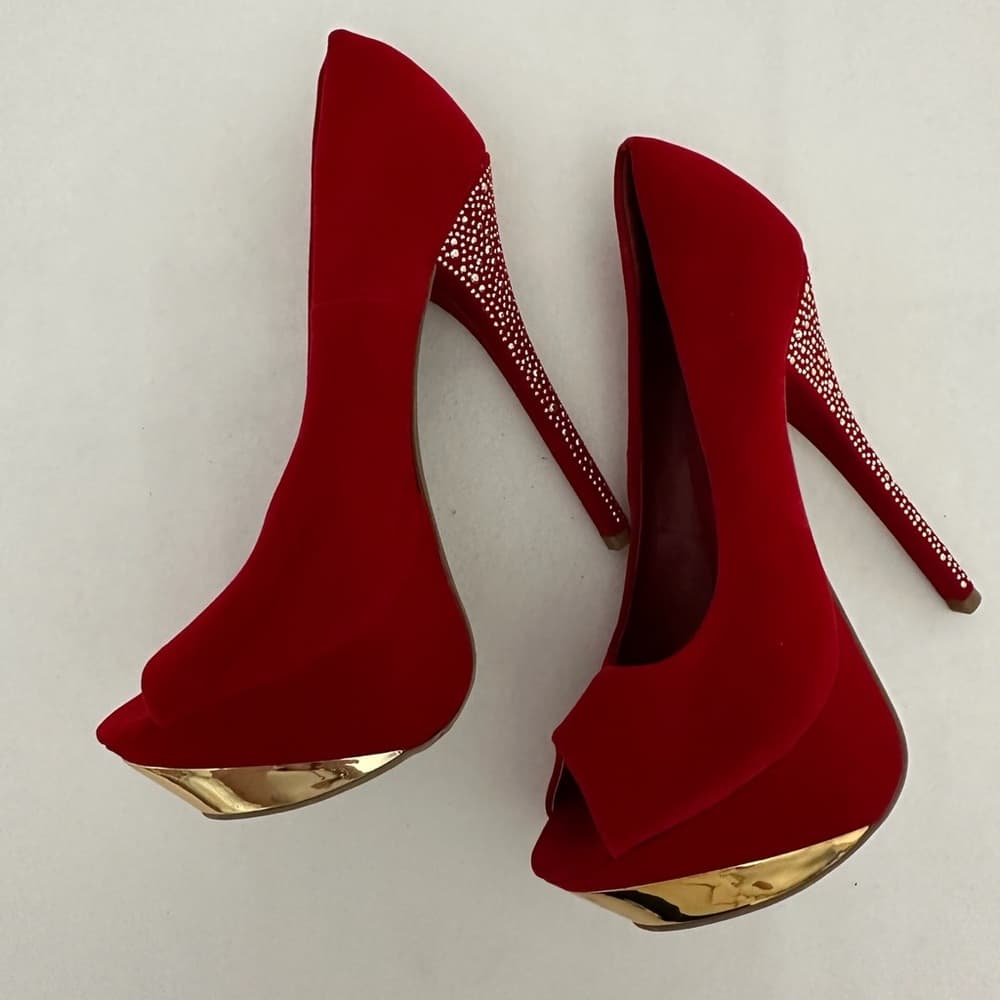 Shoedazzle Red Rhinestone Stiletto Platform Heels Size 9 Y2K Sparkle Glam Pumps - Thumbnail 10