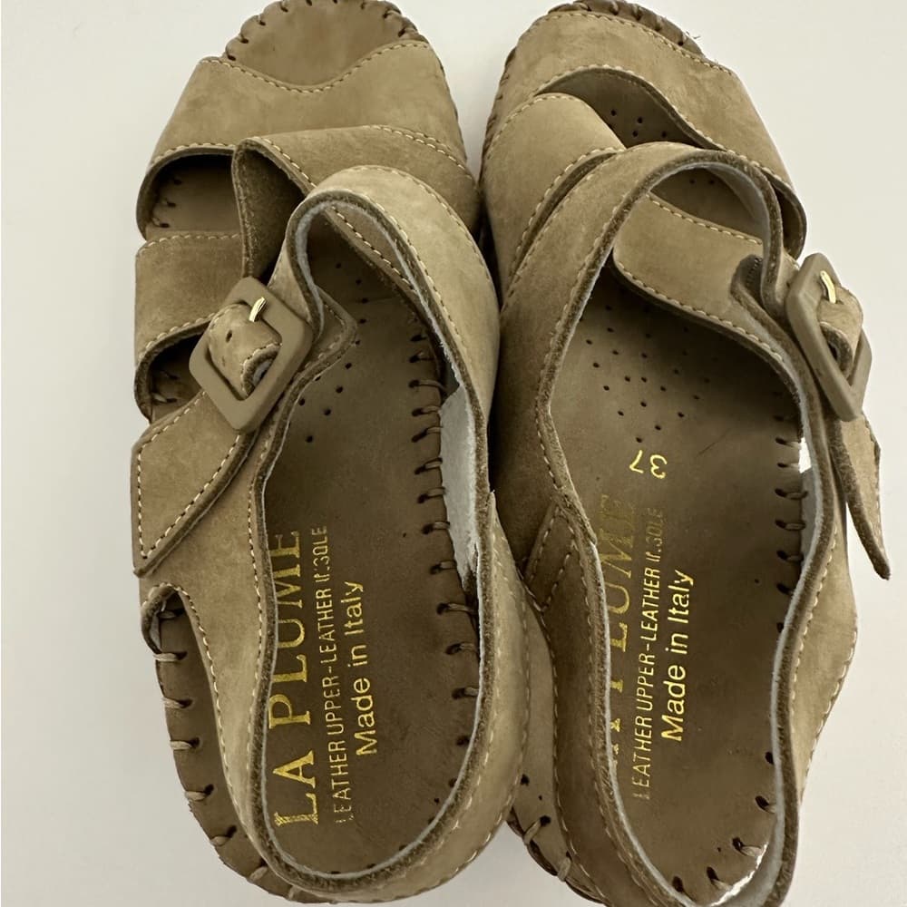 NEW Le Plume Italy Tan Leather Strapped Open Toe Wedge Sandals IT 37 (US 6.5-7) - Thumbnail 6