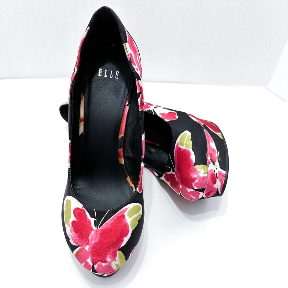 Elle “Jessica” Butterfly / Floral Black Pink Platform Y2K Wedge Heels - Size 8 - Thumbnail 7