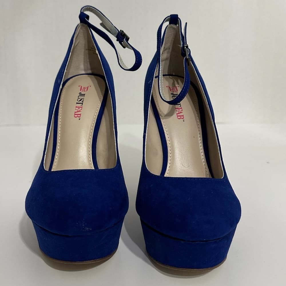 NIB JustFab Raye Cobalt Blue Rhinestone Wedge Heels Y2K Size 8.5 - Thumbnail 4