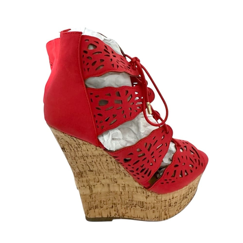 NIB JustFab Red Laser-Cut Cork Wedge Platform Sandals “Amalia” Size 8.5