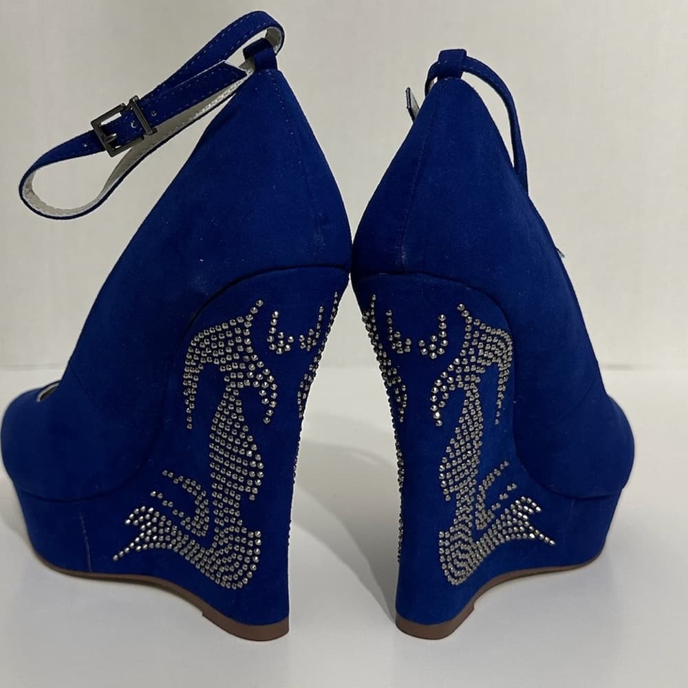 NIB JustFab Raye Cobalt Blue Rhinestone Wedge Heels Y2K Size 8.5 - Thumbnail 3
