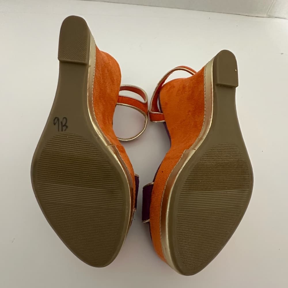 Jennifer Lopez Purple Orange Suede Platform Wedge Sandals Gold Trim Size 6.5 - Thumbnail 8