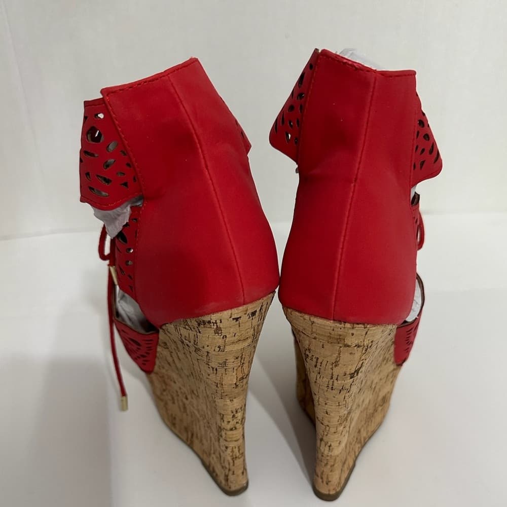 NIB JustFab Red Laser-Cut Cork Wedge Platform Sandals “Amalia” Size 8.5 - Thumbnail 9