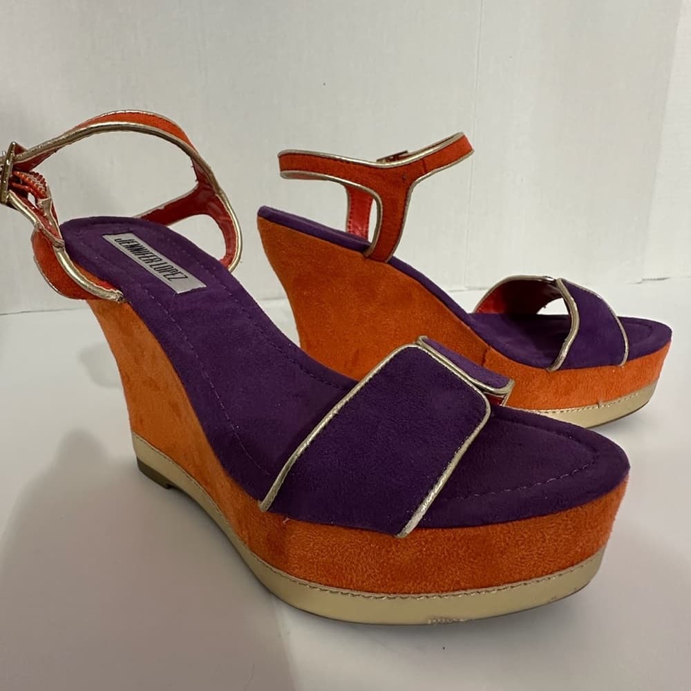 Jennifer Lopez Purple Orange Suede Platform Wedge Sandals Gold Trim Size 6.5 - Thumbnail 6