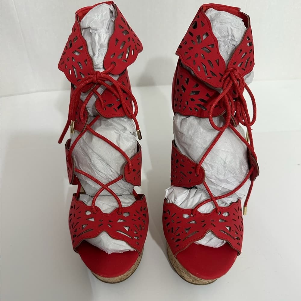 NIB JustFab Red Laser-Cut Cork Wedge Platform Sandals “Amalia” Size 8.5 - Thumbnail 7