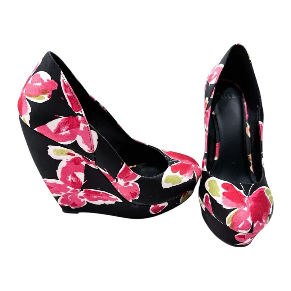 Elle “Jessica” Butterfly / Floral Black Pink Platform Y2K Wedge Heels - Size 8 - Thumbnail 9