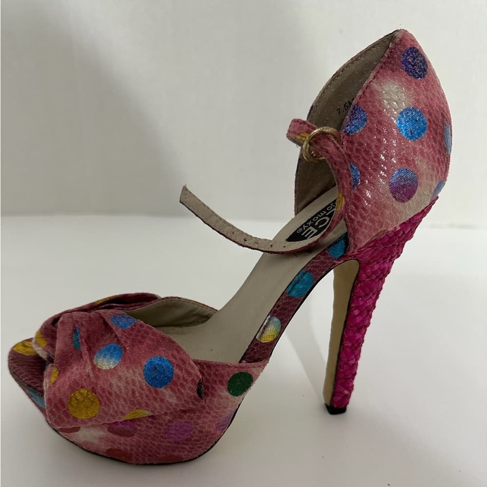 Dolce by Mojo Moxy Pink Polka Dot Snakeskin Bow Heels Y2K Size 7.5M SEE NOTE - Thumbnail 6