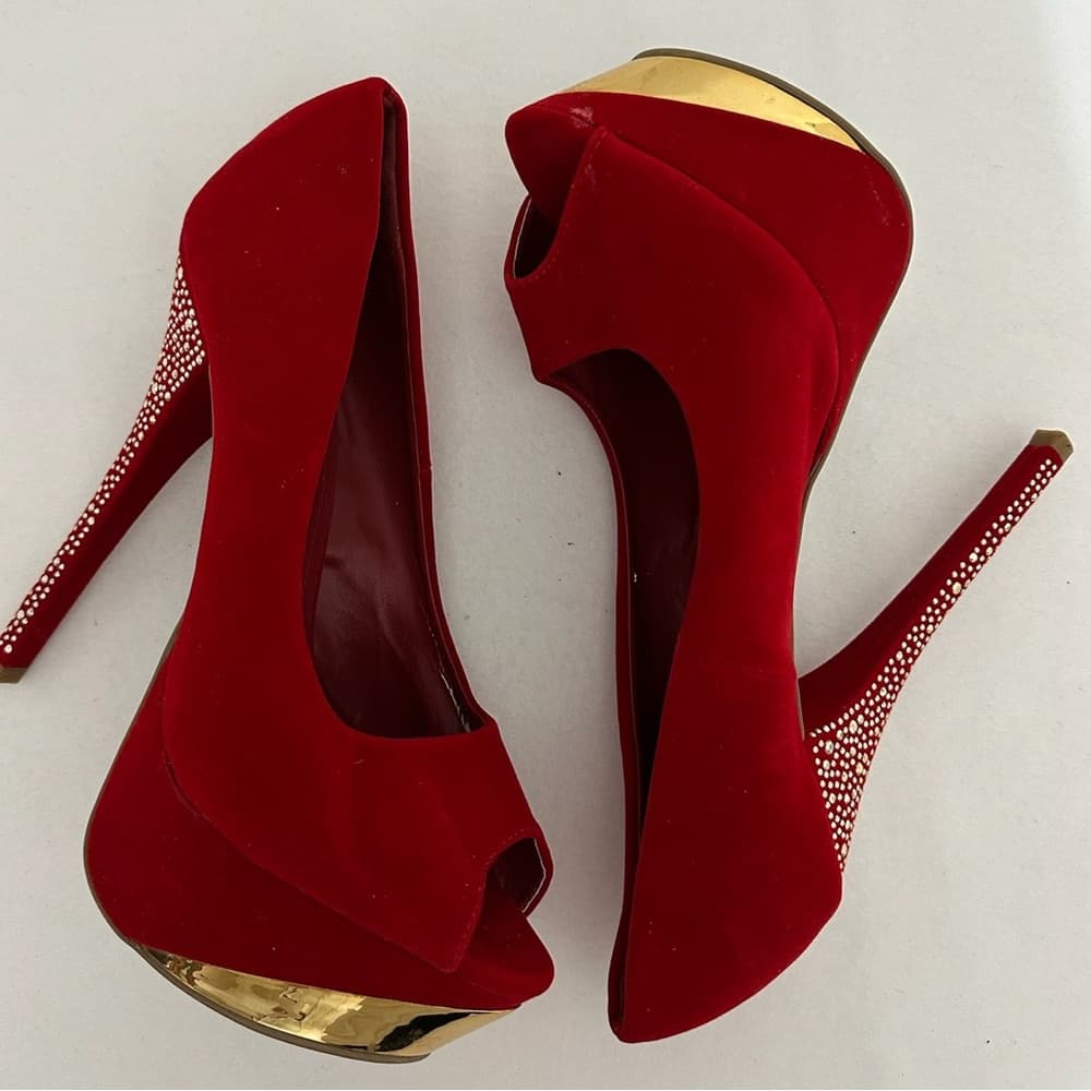 Shoedazzle Red Rhinestone Stiletto Platform Heels Size 9 Y2K Sparkle Glam Pumps - Thumbnail 8