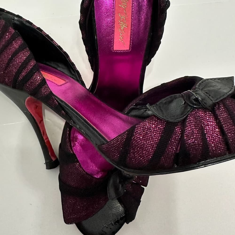 Betsey Johnson Fuchsia Pink Black Mesh Glitter Bow Heels Vintage Y2K Punk Size 8 - Thumbnail 7