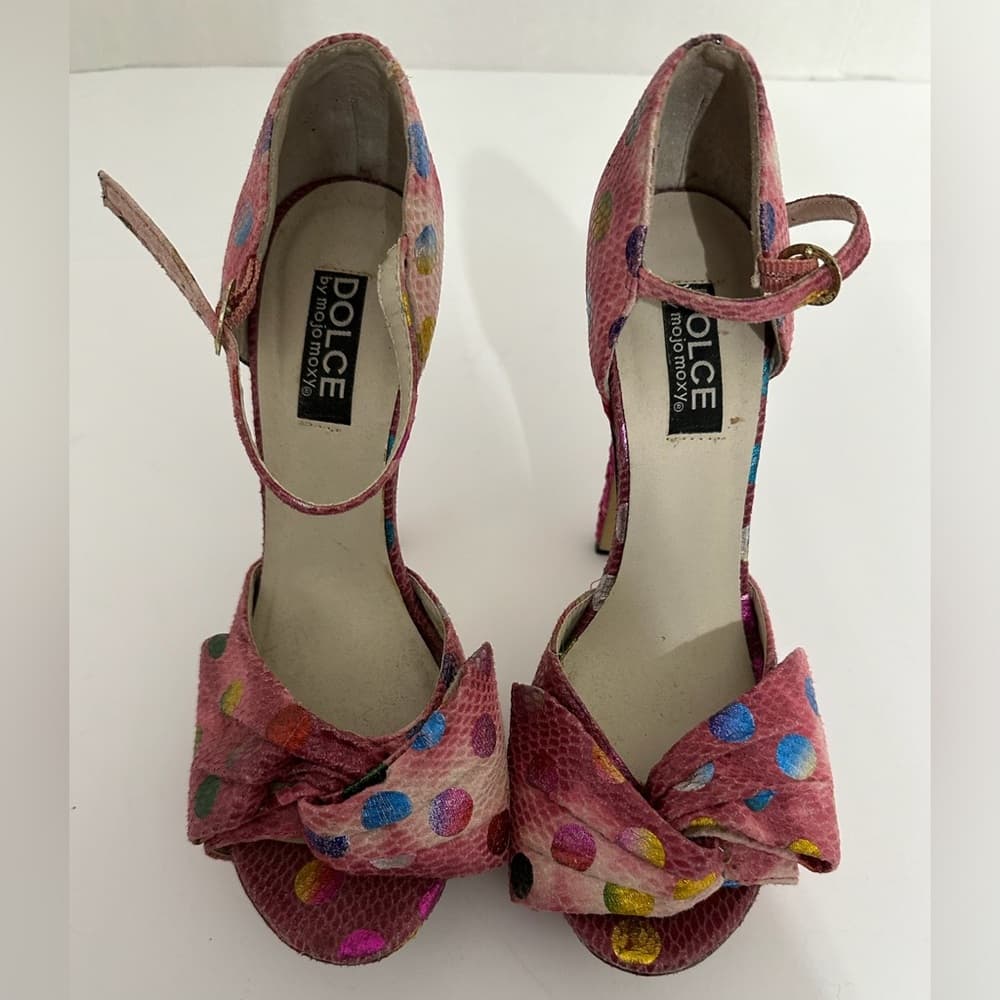 Dolce by Mojo Moxy Pink Polka Dot Snakeskin Bow Heels Y2K Size 7.5M SEE NOTE - Thumbnail 10