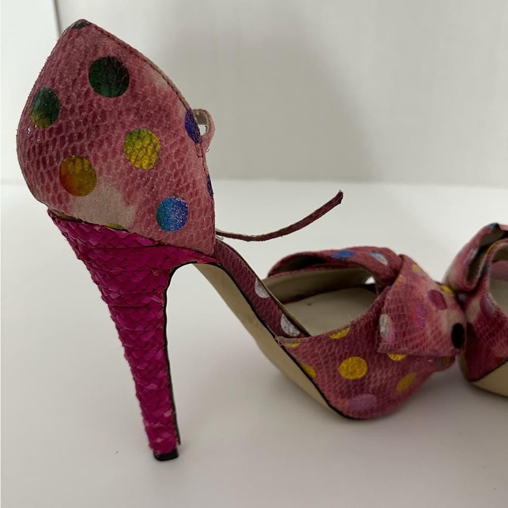 Dolce by Mojo Moxy Pink Polka Dot Snakeskin Bow Heels Y2K Size 7.5M SEE NOTE - Thumbnail 8