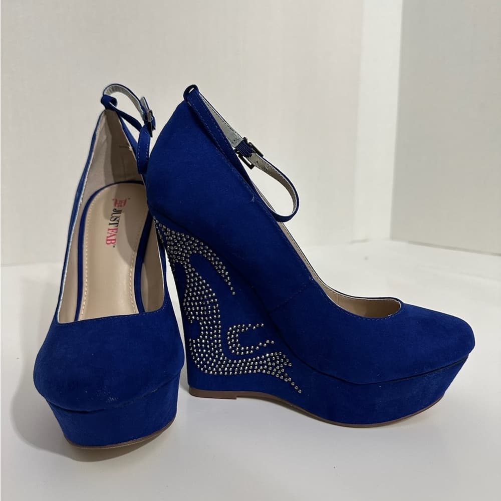 NIB JustFab Raye Cobalt Blue Rhinestone Wedge Heels Y2K Size 8.5 - Thumbnail 8
