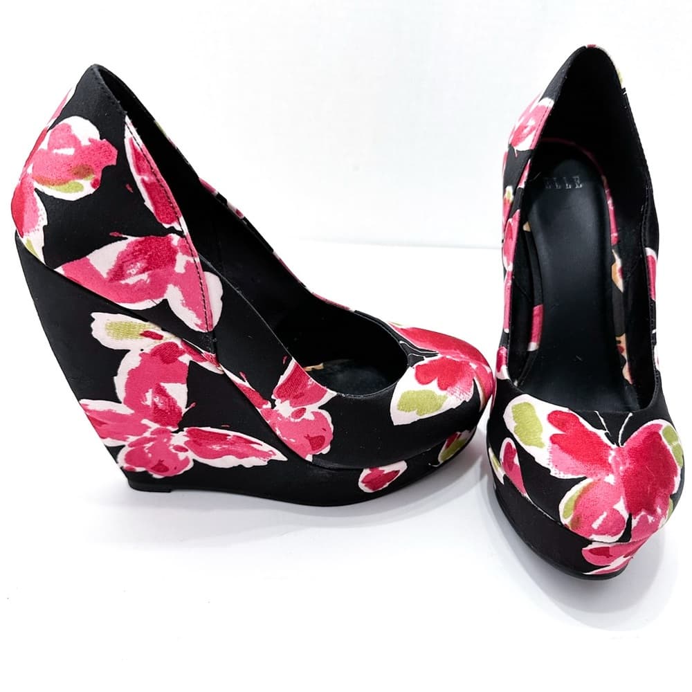 Elle “Jessica” Butterfly / Floral Black Pink Platform Y2K Wedge Heels - Size 8 - Thumbnail 5