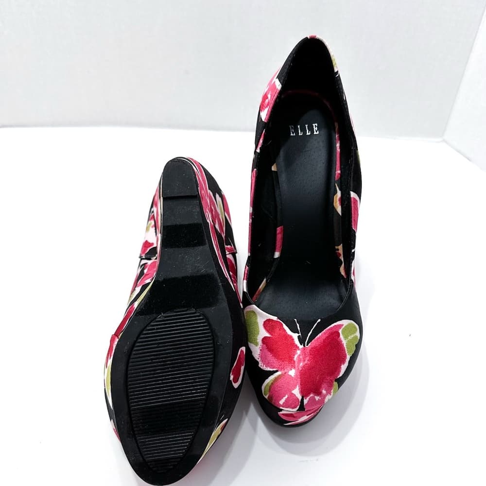 Elle “Jessica” Butterfly / Floral Black Pink Platform Y2K Wedge Heels - Size 8 - Thumbnail 6