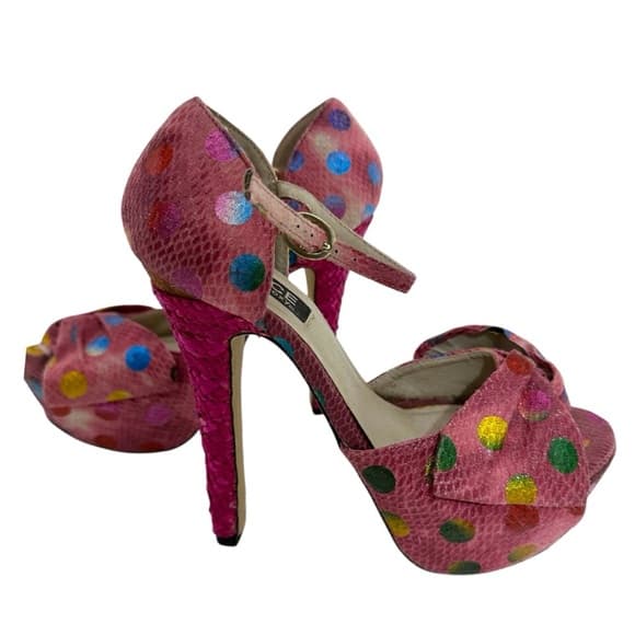 Dolce by Mojo Moxy Pink Polka Dot Snakeskin Bow Heels Y2K Size 7.5M SEE NOTE - Thumbnail 17