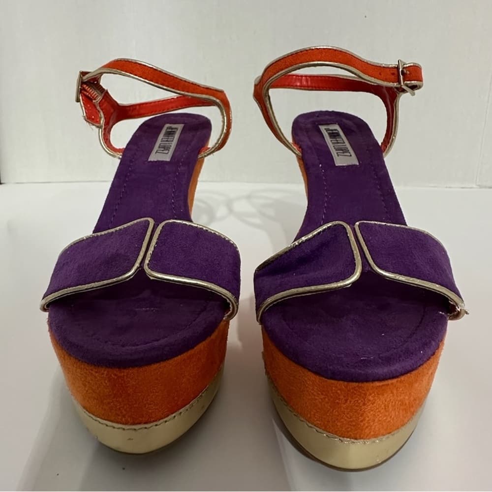 Jennifer Lopez Purple Orange Suede Platform Wedge Sandals Gold Trim Size 6.5 - Thumbnail 2