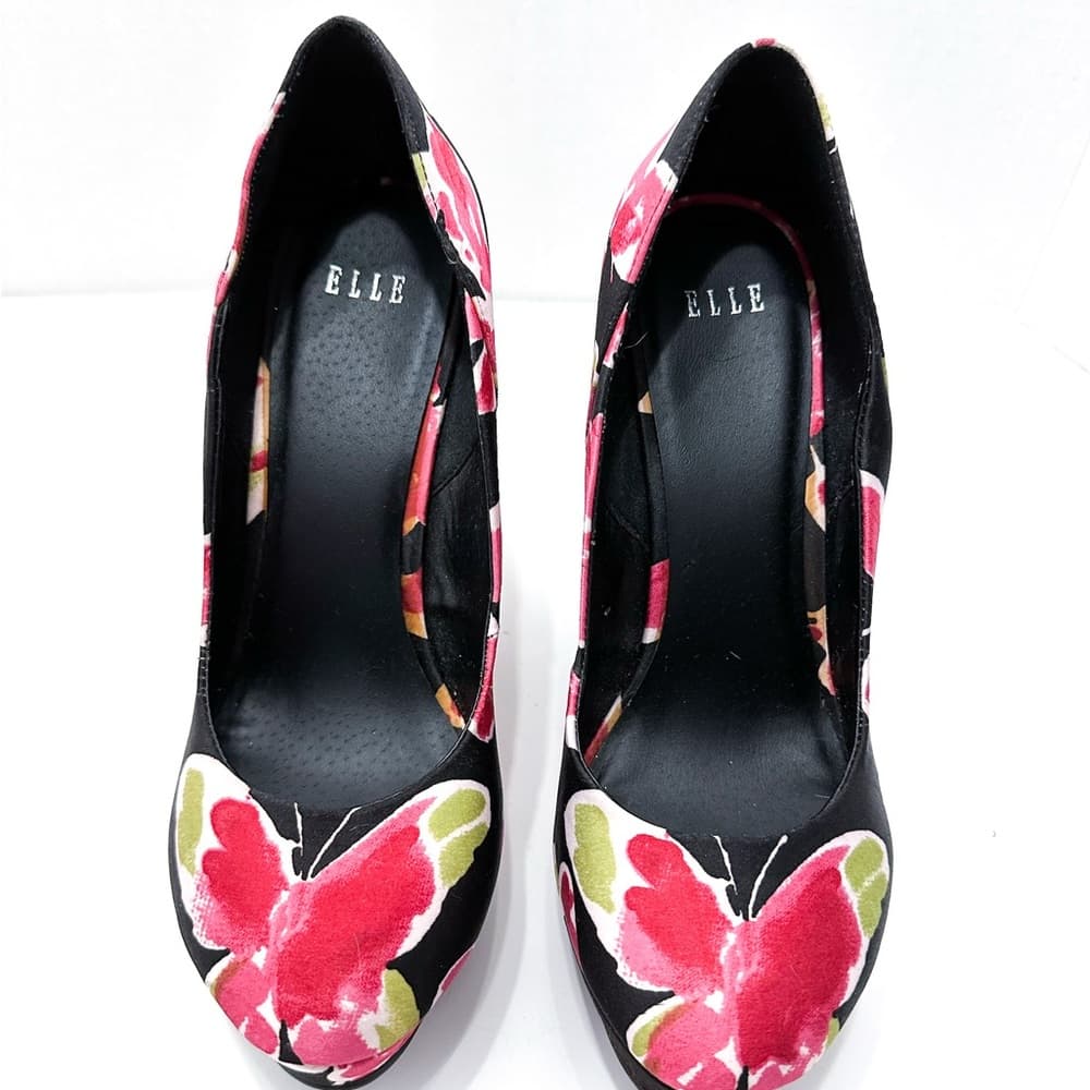 Elle “Jessica” Butterfly / Floral Black Pink Platform Y2K Wedge Heels - Size 8 - Thumbnail 8